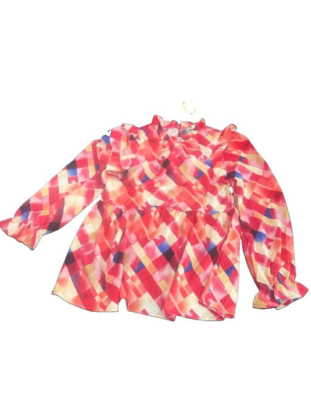 Jodifl NWT Small Pink Red Plaid Ruffle Long Sleeve Blouse